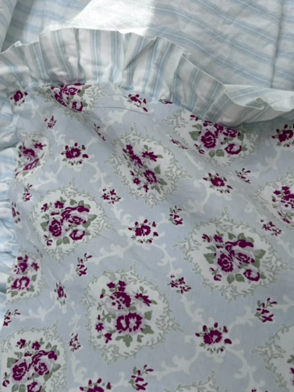 Shabby Chic Rachel Aswell KING pink floral blue ticking stripe comforter blanket
